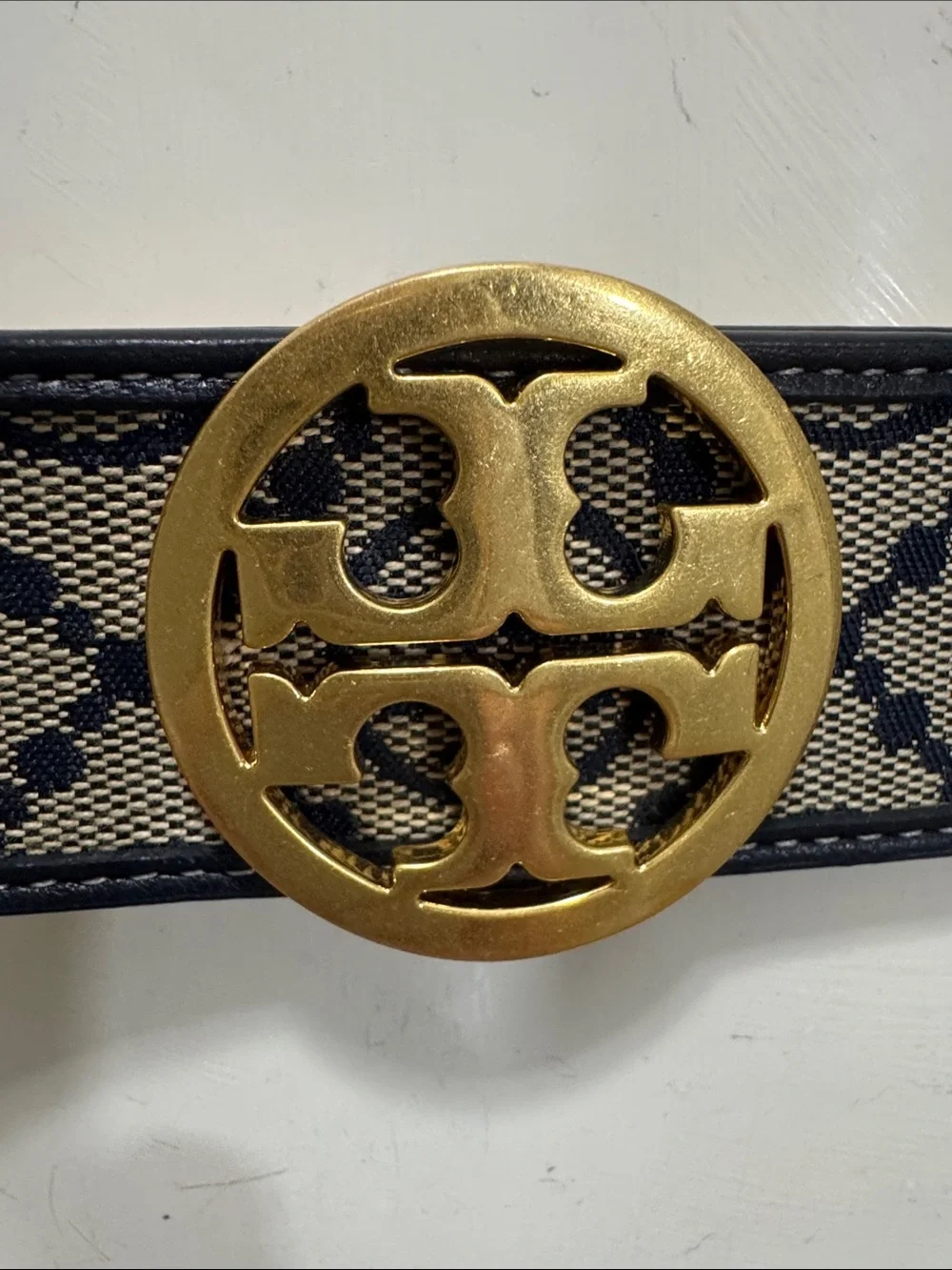 Tory Burch Black and Beige Logo Web Belt with Gold Medallion Buckle Size Small Tory Burch Britten 1 main image 4